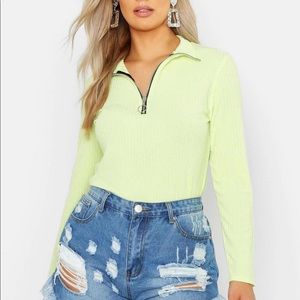 Boohoo Plus Lime Ribbed Half Zip Neck Top